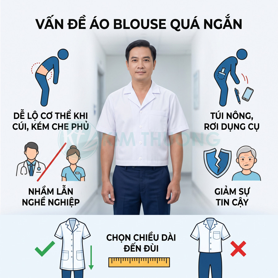 Áo blouse bác sĩ ngắn tay quá ngắn, minh họa nhược điểm và khuyến nghị chọn áo dài đến đùi
