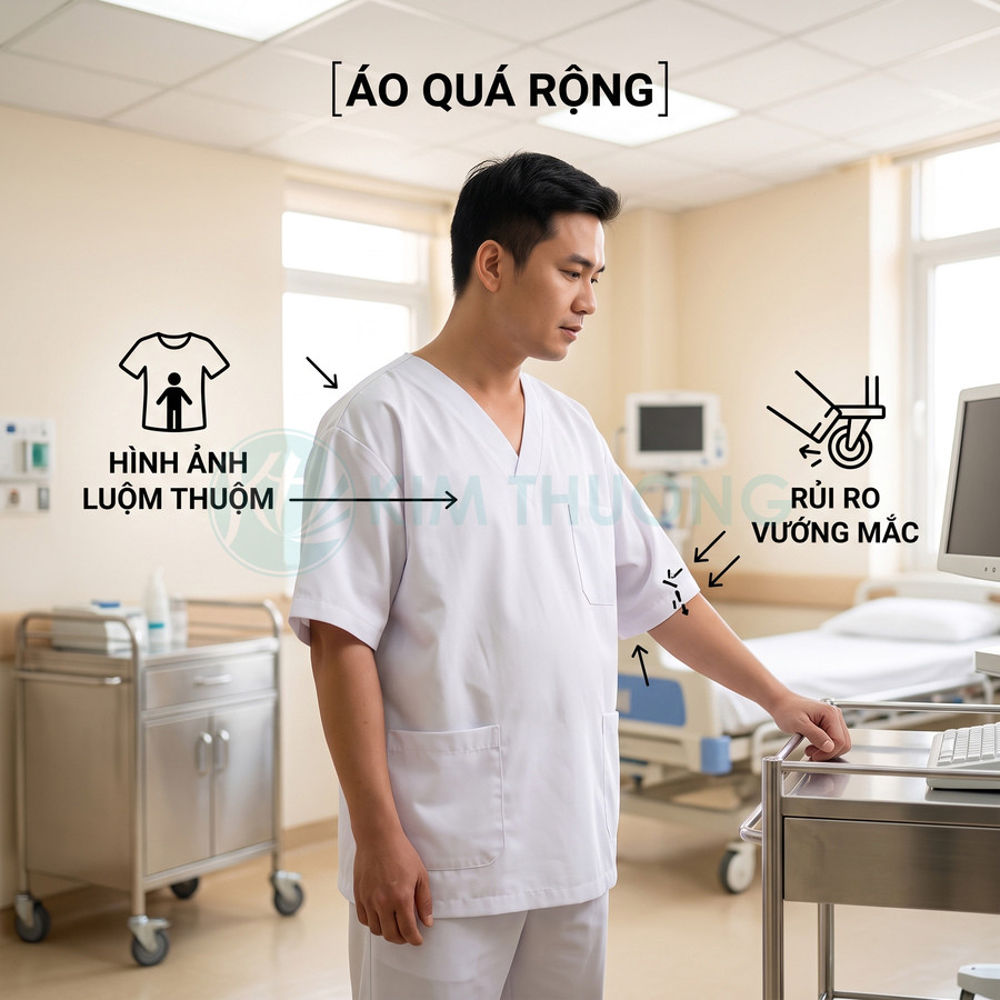 Nam điều dưỡng mặc bộ đồng phục y tá màu trắng quá rộng trong phòng bệnh viện