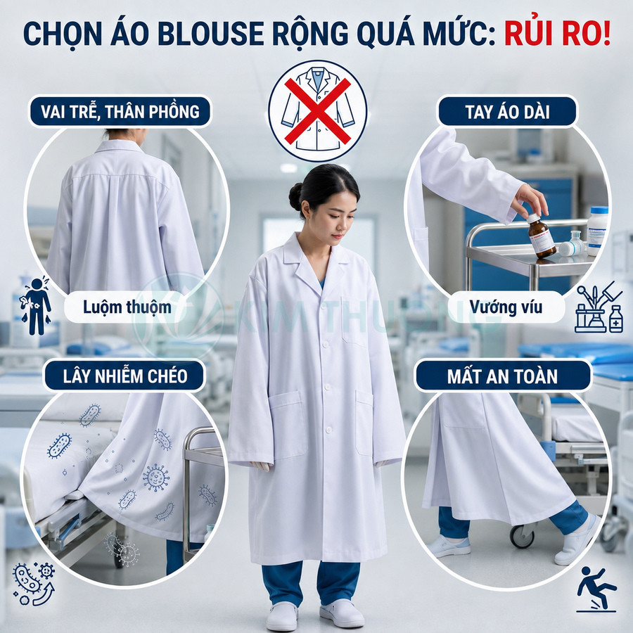Áo blouse bác sĩ quá rộng gây luộm thuộm, tay áo dài vướng víu và tiềm ẩn nguy cơ mất an toàn, lây nhiễm chéo