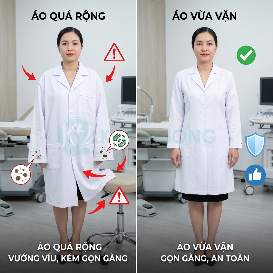 So sánh áo blouse bác sĩ quá rộng và áo blouse vừa vặn gọn gàng an toàn trong phòng khám