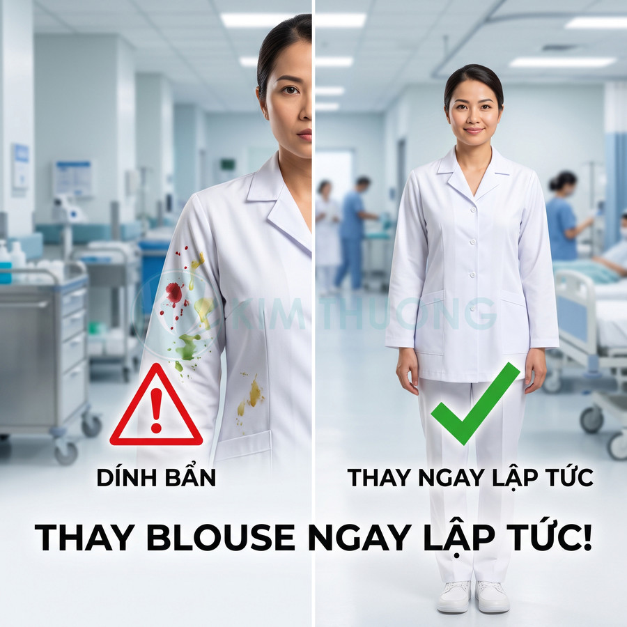 Bác sĩ nữ trong bệnh viện với áo blouse bẩn bên trái và áo blouse trắng sạch bên phải