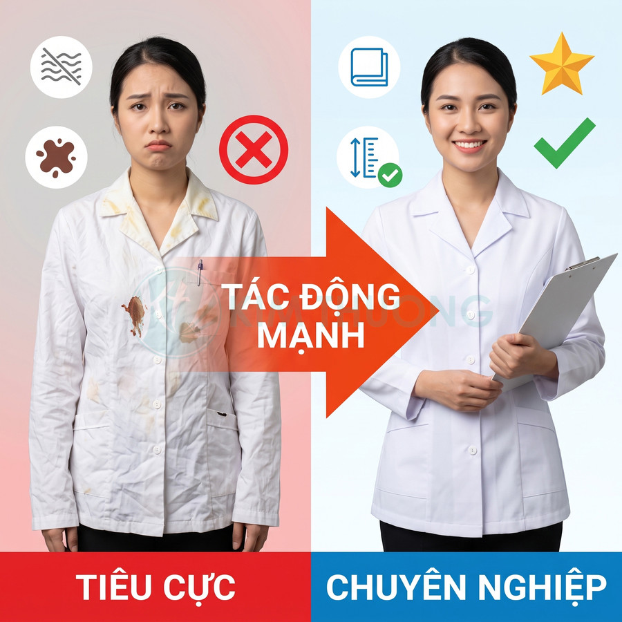 So sánh áo blouse bác sĩ bẩn nhăn tiêu cực và áo blouse trắng sạch phẳng tạo hình ảnh chuyên nghiệp