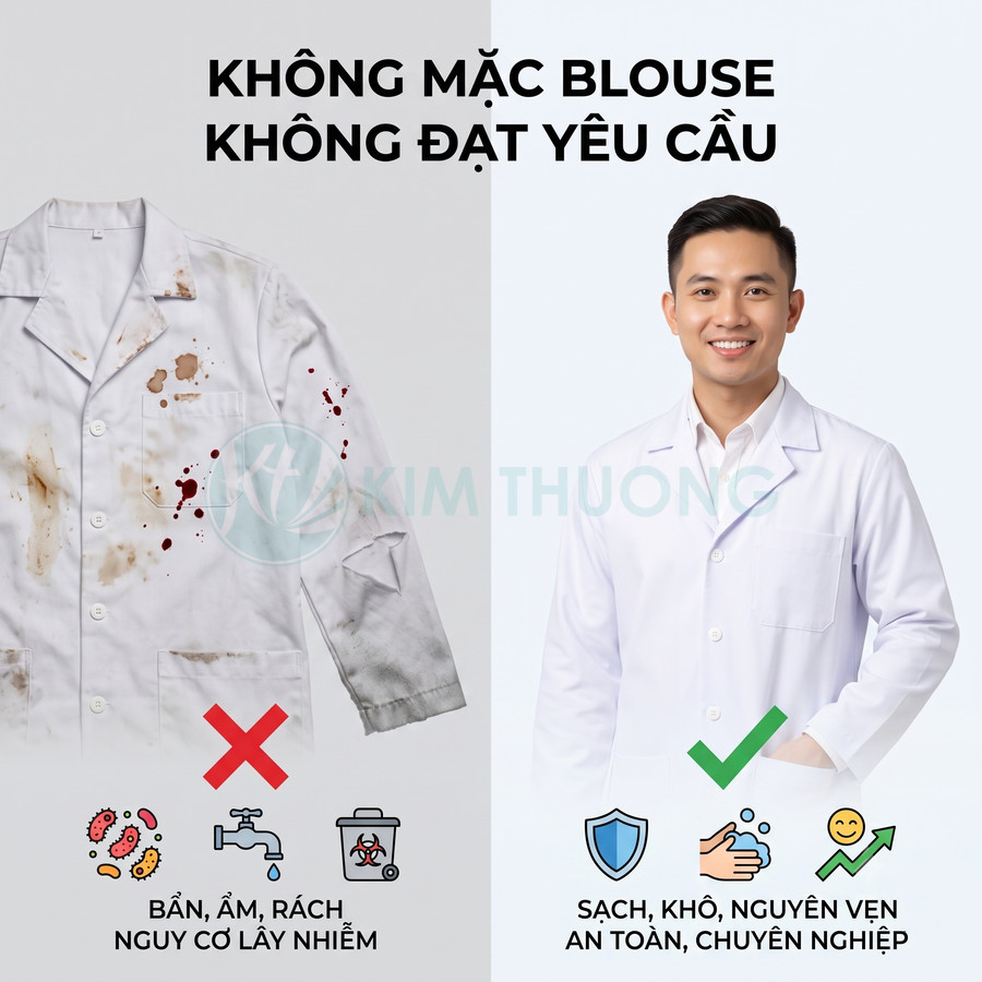 So sánh áo blouse bác sĩ bẩn rách và áo blouse trắng sạch sẽ chuyên nghiệp trên người mẫu nam