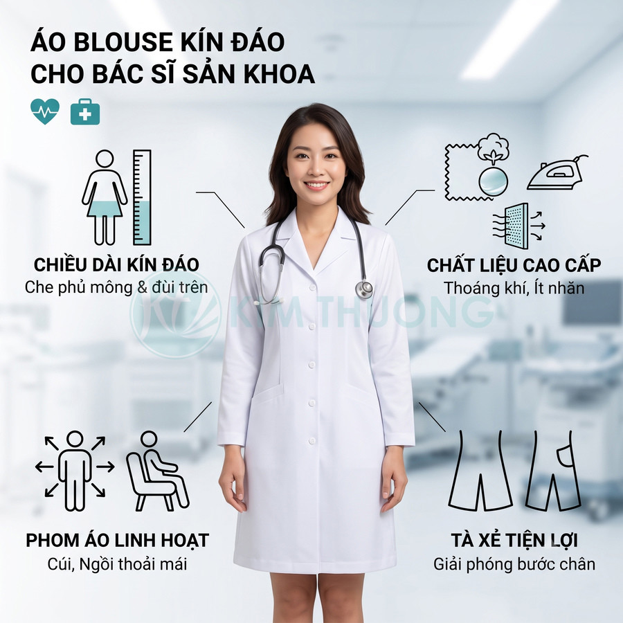 Áo blouse trắng kín đáo cho bác sĩ sản khoa nữ, chất liệu cao cấp thoáng khí, phom dáng linh hoạt, tà xẻ tiện lợi