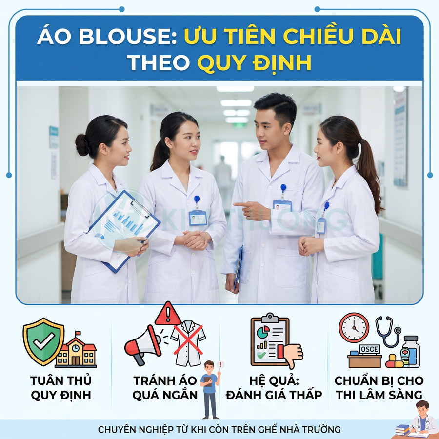 Nhóm sinh viên y khoa mặc áo blouse trắng đúng quy định chiều dài trao đổi trong hành lang bệnh viện