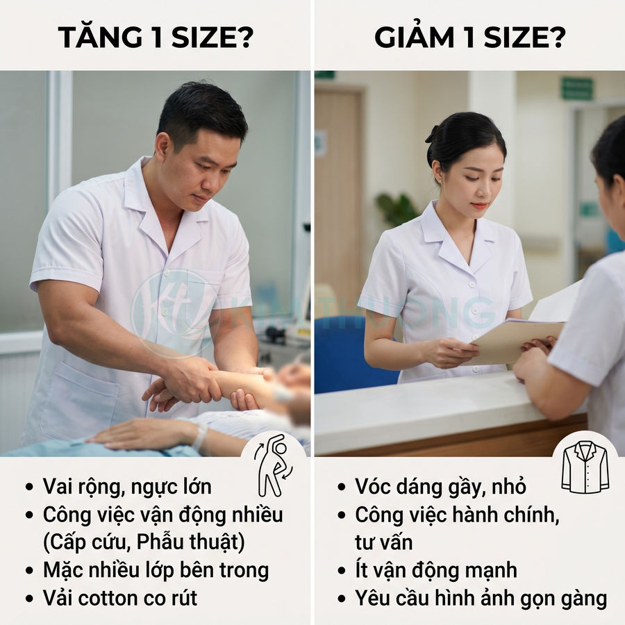 Bác sĩ nam và nữ mặc áo blouse trắng so sánh chọn size đồng phục y tế phù hợp cho từng vóc dáng