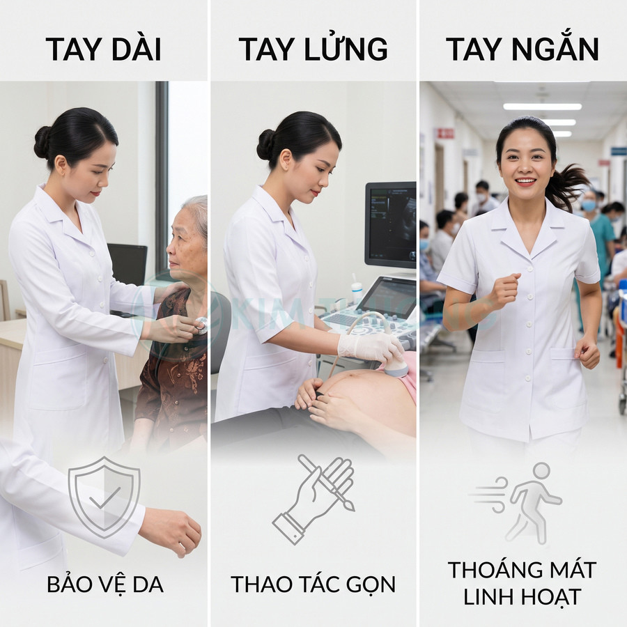 Bác sĩ nữ mặc áo blouse tay dài tay lửng tay ngắn màu trắng khi khám và siêu âm cho bệnh nhân