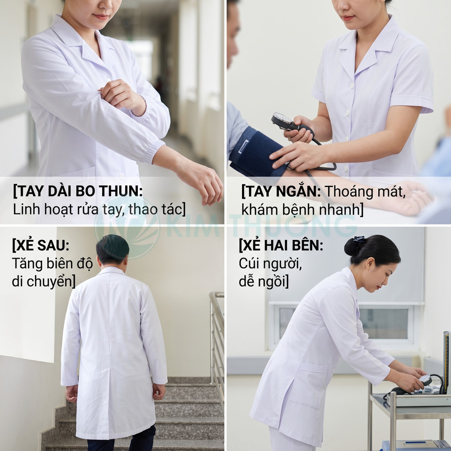 Áo blouse bác sĩ trắng tay dài và tay ngắn, thiết kế xẻ sau xẻ hai bên tiện di chuyển và thao tác khám bệnh