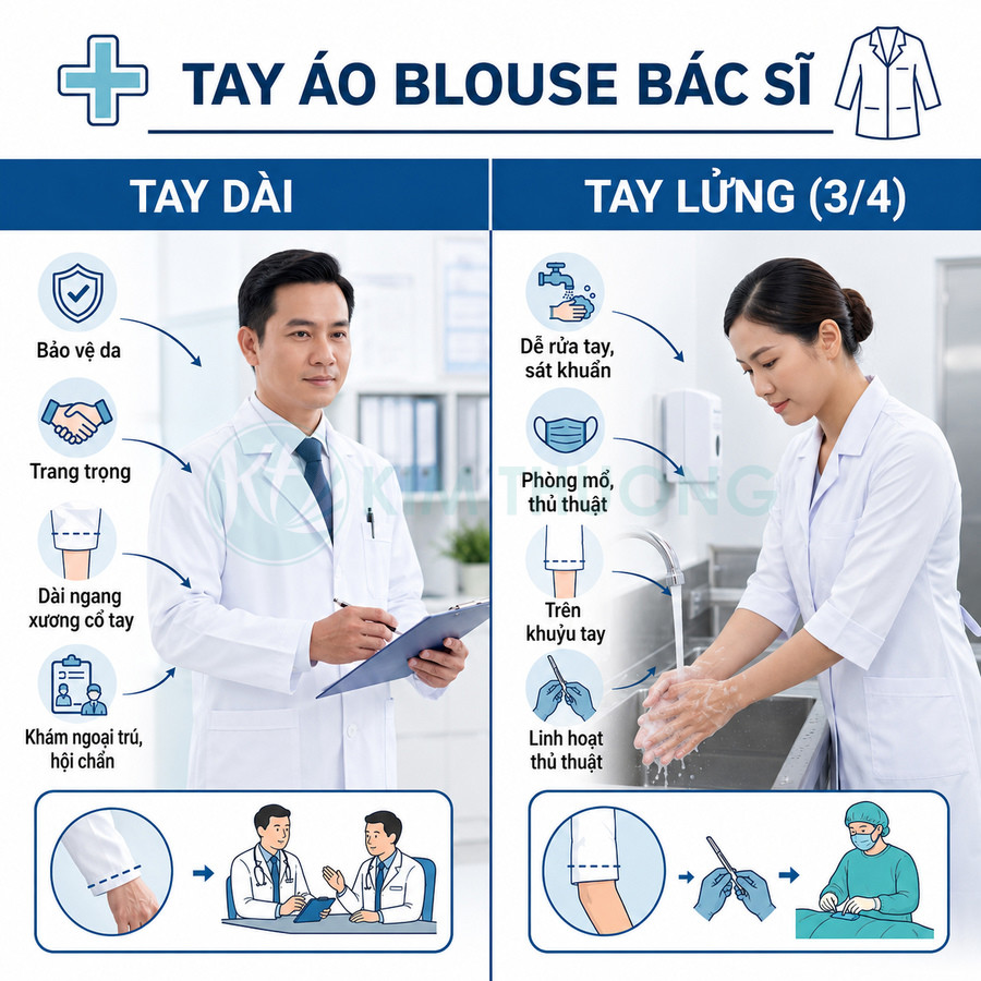 So sánh áo blouse bác sĩ tay dài và tay lửng 34, bác sĩ nam nữ minh họa trong bệnh viện
