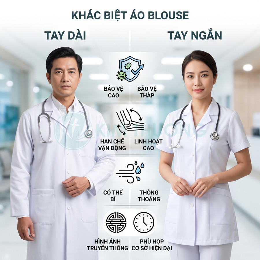 So sánh áo blouse tay dài và tay ngắn trên hai bác sĩ, nêu ưu nhược điểm về bảo vệ, vận động và độ thoáng khí