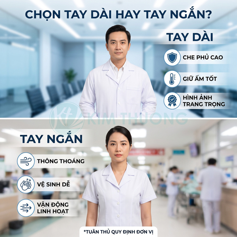 Đồng phục y tế tay dài và tay ngắn cho bác sĩ, điều dưỡng trong bệnh viện hiện đại