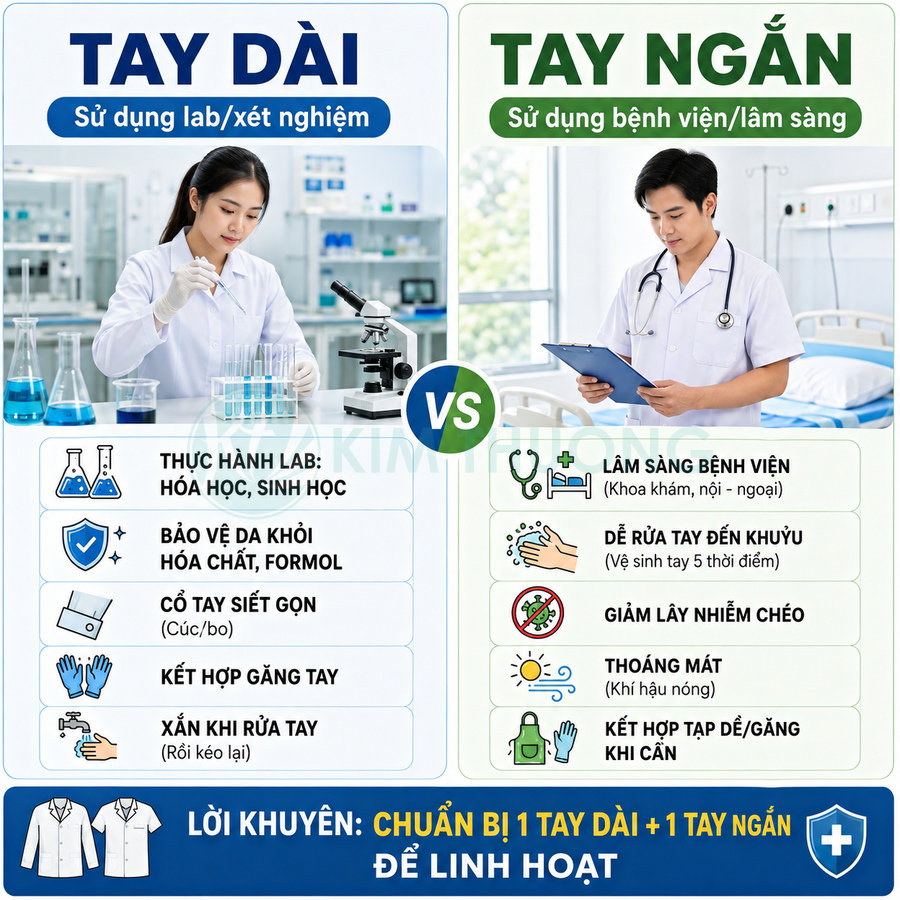 So sánh áo blouse tay dài dùng trong phòng lab và áo blouse tay ngắn dùng trong bệnh viện lâm sàng
