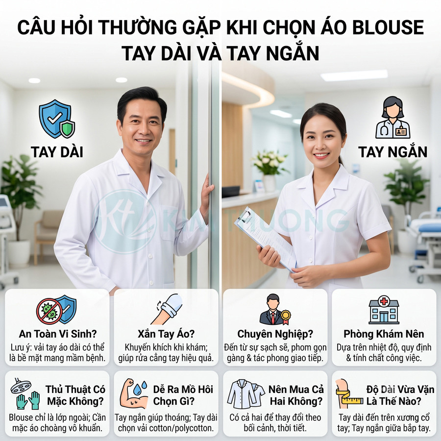 Bác sĩ nam mặc áo blouse tay dài và bác sĩ nữ mặc áo blouse tay ngắn trong phòng khám hiện đại