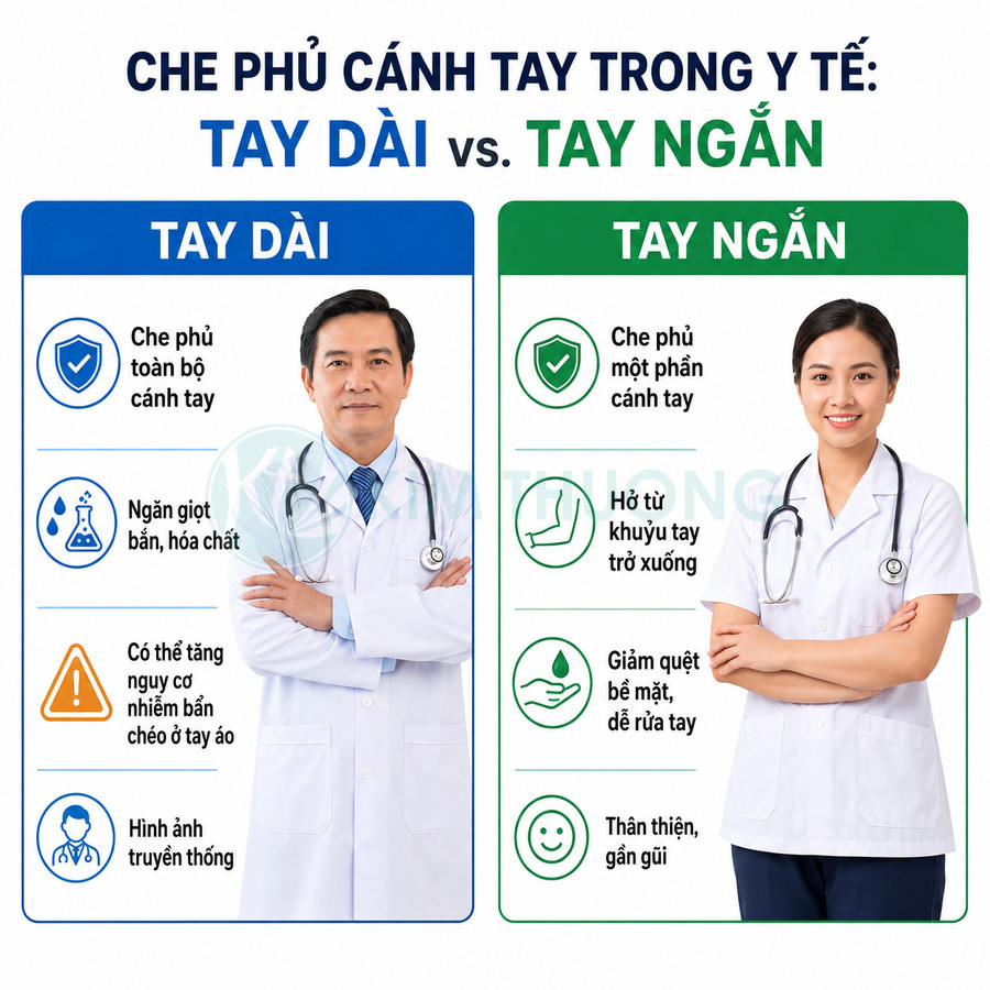So sánh áo blouse tay dài và tay ngắn cho bác sĩ, nêu ưu nhược điểm che phủ cánh tay trong y tế
