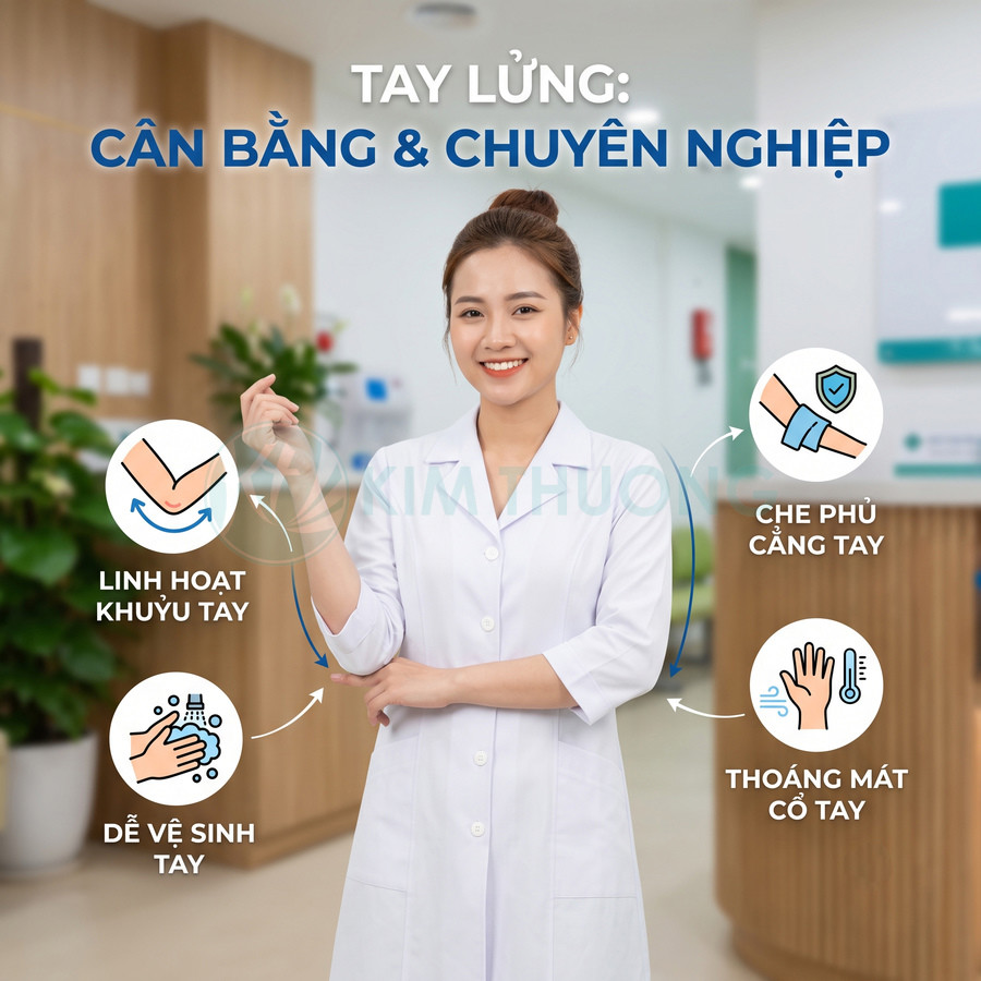 Áo blouse tay lửng cho nhân viên y tế, thiết kế linh hoạt khuỷu tay, dễ vệ sinh và thoáng mát cổ tay