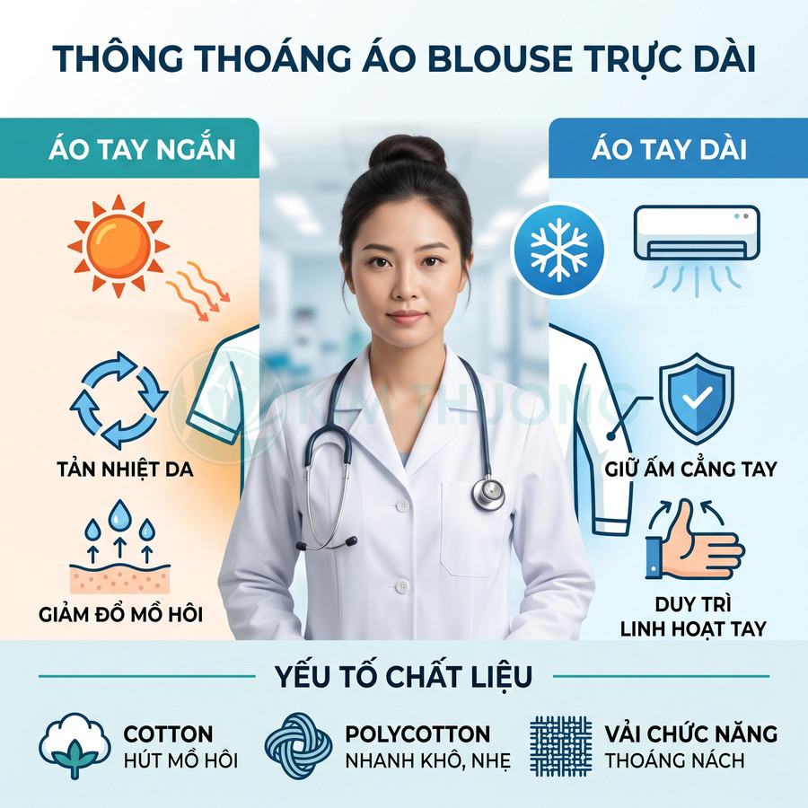 Áo blouse bác sĩ tay ngắn và tay dài, chất liệu cotton polycotton thoáng mát, thấm hút mồ hôi, giữ ấm và linh hoạt cánh tay