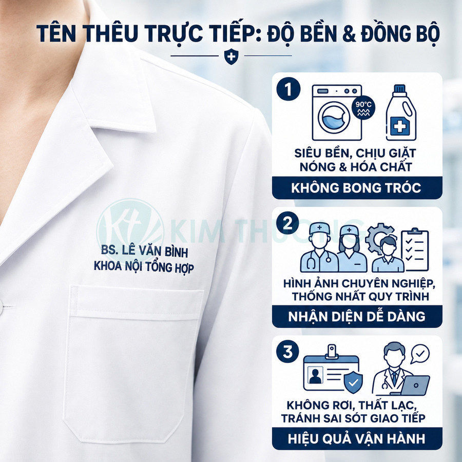 Áo blouse bác sĩ thêu tên trực tiếp màu trắng, chữ xanh đậm, logo Kim Thời, giới thiệu ưu điểm độ bền và nhận diện