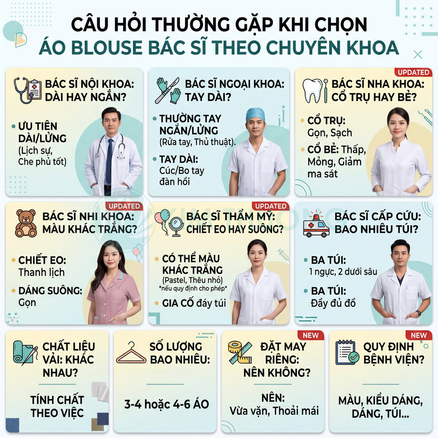 Hướng dẫn chọn áo blouse bác sĩ theo chuyên khoa với nhiều kiểu dáng, màu sắc và số lượng phù hợp
