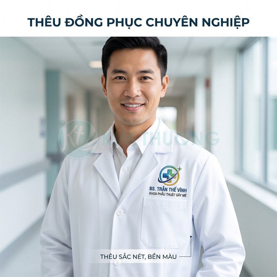 Áo blouse bác sĩ thêu logo bệnh viện và tên BS Trần Thế Vinh sắc nét, chuyên nghiệp