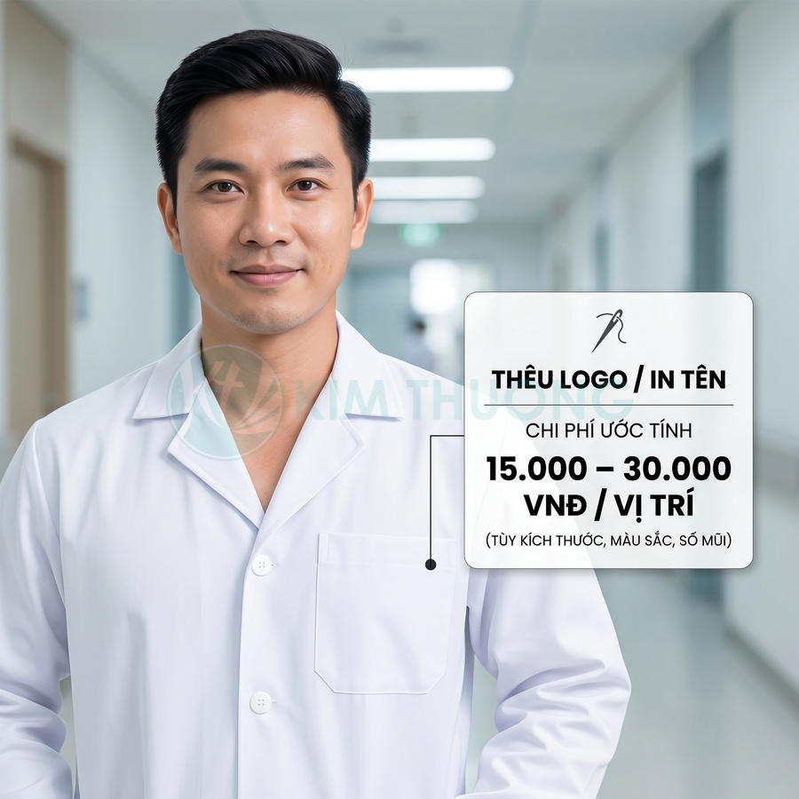 Áo blouse bác sĩ trắng có túi ngực, dịch vụ thêu logo in tên giá 15000 đến 30000 VNĐ mỗi vị trí