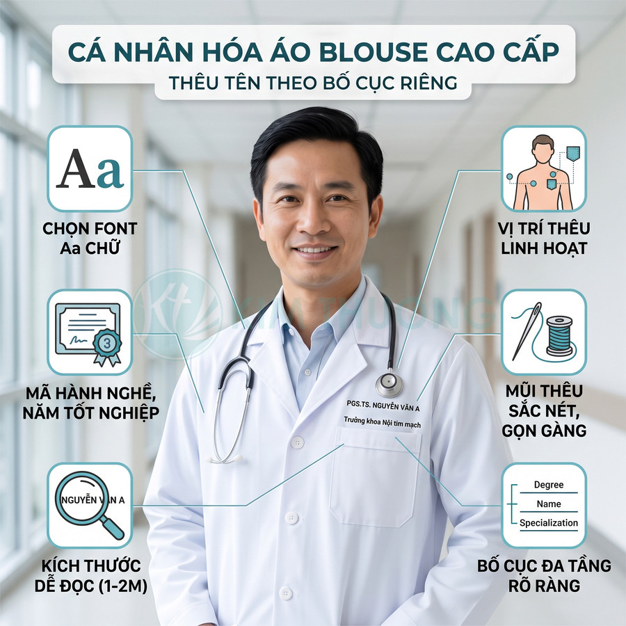 Áo blouse bác sĩ cao cấp thêu tên, chức danh và thông tin cá nhân rõ nét, bố cục linh hoạt, mũi thêu sắc sảo