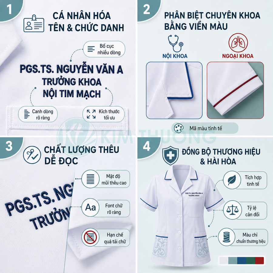 Đồng phục bác sĩ trắng thêu tên chức danh, viền màu phân biệt chuyên khoa nội ngoại, thiết kế đồng bộ thương hiệu