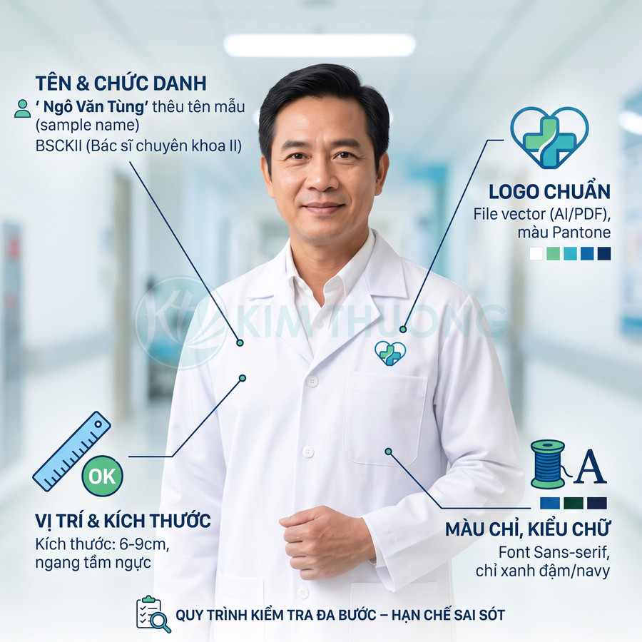 Bác sĩ nam mặc áo blouse trắng thêu logo bệnh viện và tên trên ngực trong hành lang bệnh viện