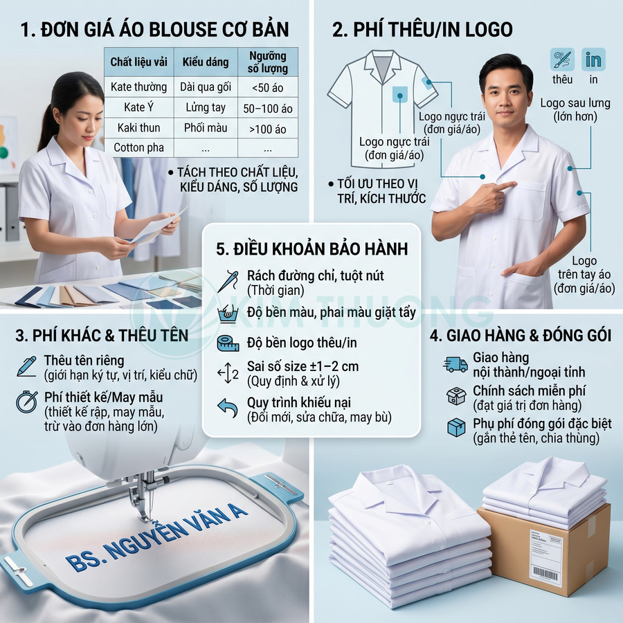 Bảng giá may áo blouse y tế, thêu tên và in logo, kèm hình ảnh mẫu áo trắng và đóng gói giao hàng