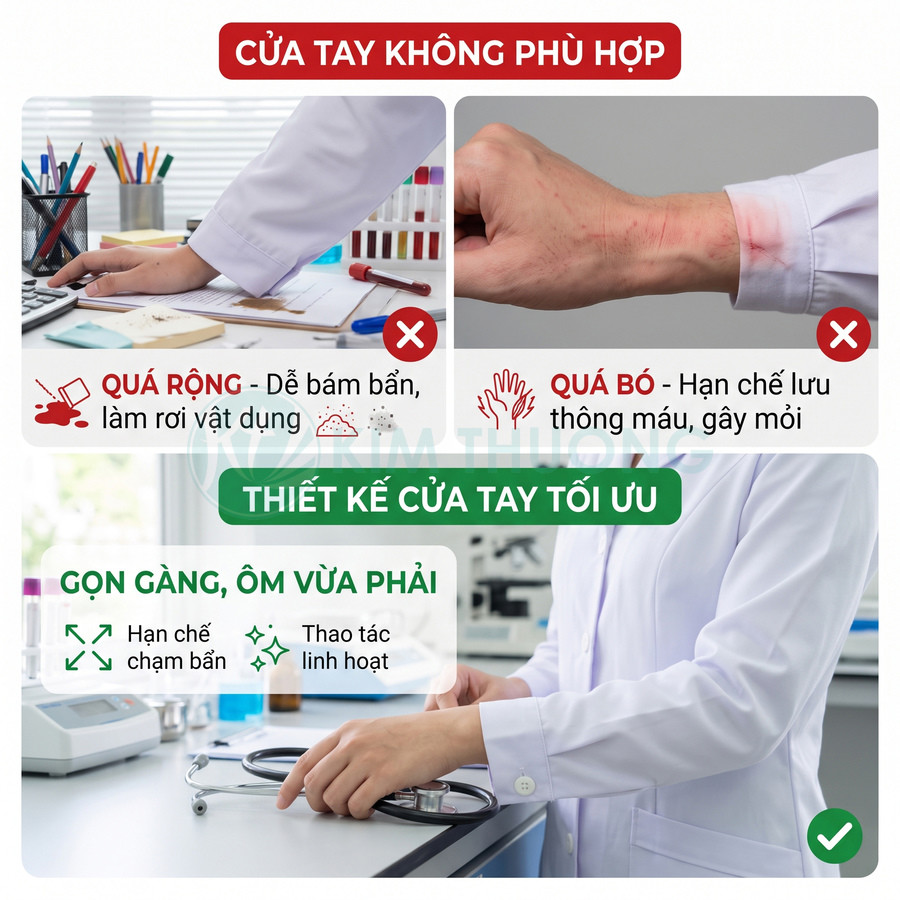Áo blouse bác sĩ thiết kế tay vừa vặn, gọn gàng giúp hạn chế bám bẩn và thao tác linh hoạt trong phòng thí nghiệm