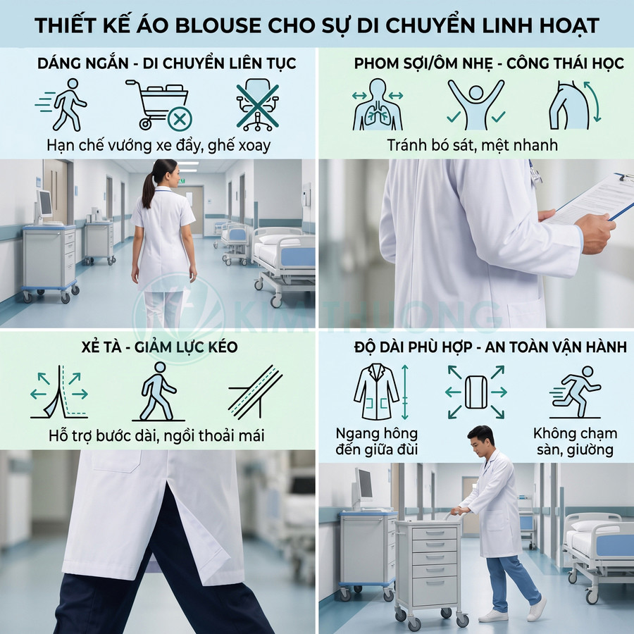Áo blouse bác sĩ dáng ngắn xẻ tà chất liệu ôm nhẹ, thiết kế công thái học giúp di chuyển linh hoạt trong bệnh viện