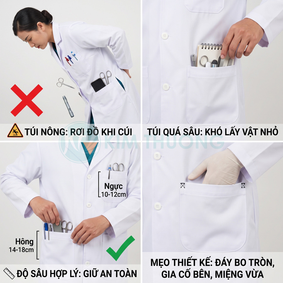 Áo blouse bác sĩ trắng với thiết kế túi trước sâu vừa phải, bo tròn, đựng bút và dụng cụ y tế an toàn