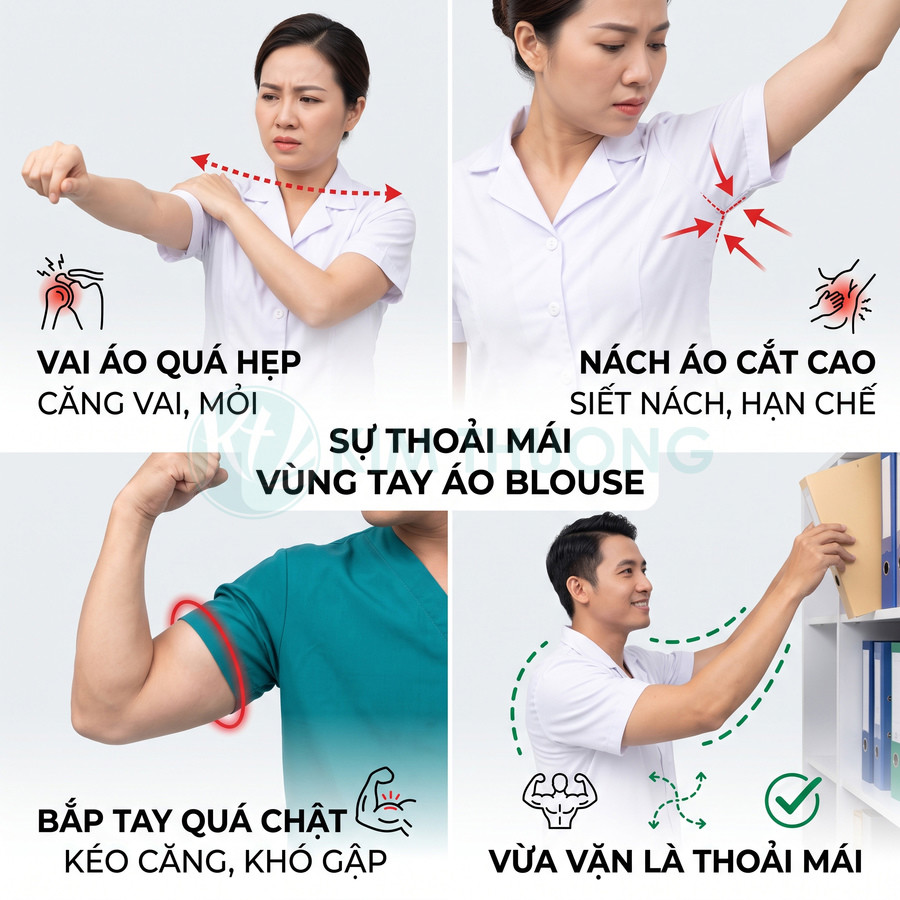 Áo blouse y khoa thiết kế rộng rãi vùng vai nách tay, giúp bác sĩ cử động tay thoải mái khi làm việc