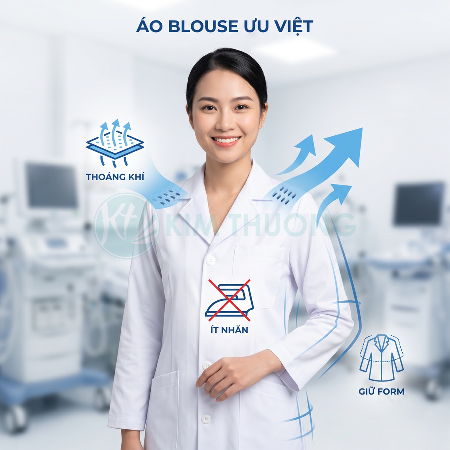 Áo blouse bác sĩ nữ màu trắng thoáng khí ít nhăn giữ form trong phòng khám hiện đại