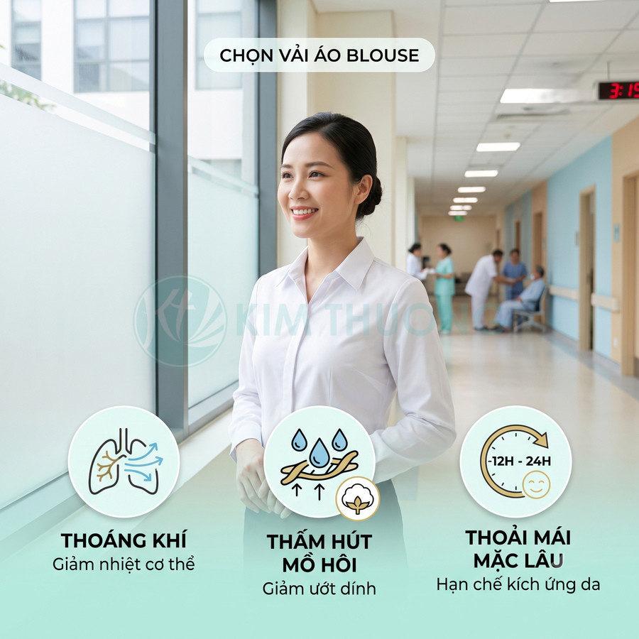 Nữ nhân viên y tế mặc áo blouse trắng thoáng khí thấm hút mồ hôi đứng trong hành lang bệnh viện