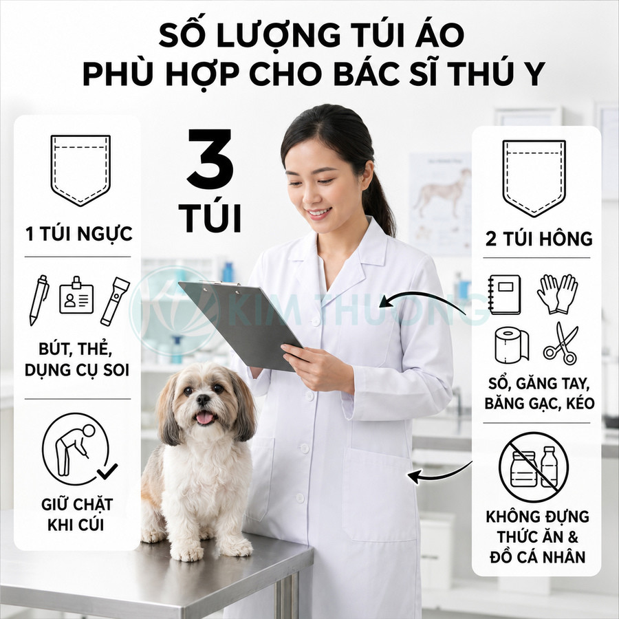 Áo blouse bác sĩ thú y 3 túi tiện dụng, nữ bác sĩ khám chó nhỏ trong phòng khám thú y