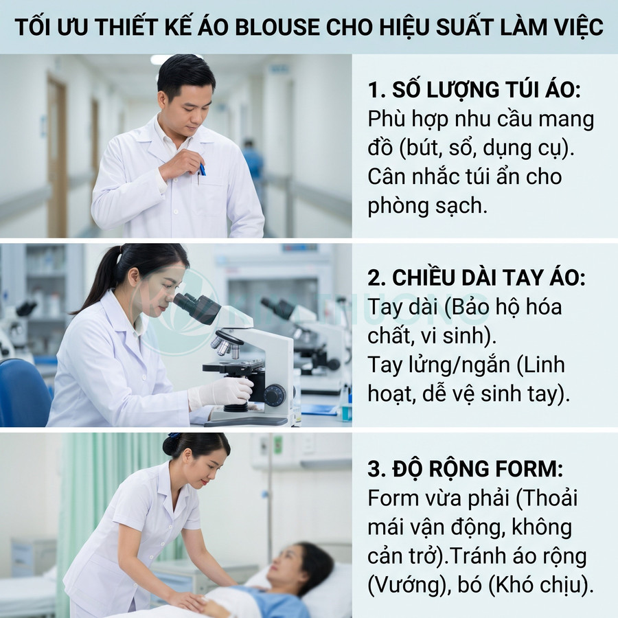 Áo blouse y tế trắng tối ưu thiết kế với nhiều túi áo, tay áo phù hợp và form rộng vừa phải cho bác sĩ, điều dưỡng