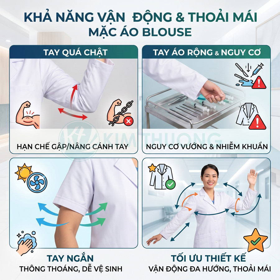 Áo blouse tay ngắn tối ưu thiết kế cho bác sĩ, giúp vận động thoải mái, thông thoáng và hạn chế nguy cơ nhiễm khuẩn