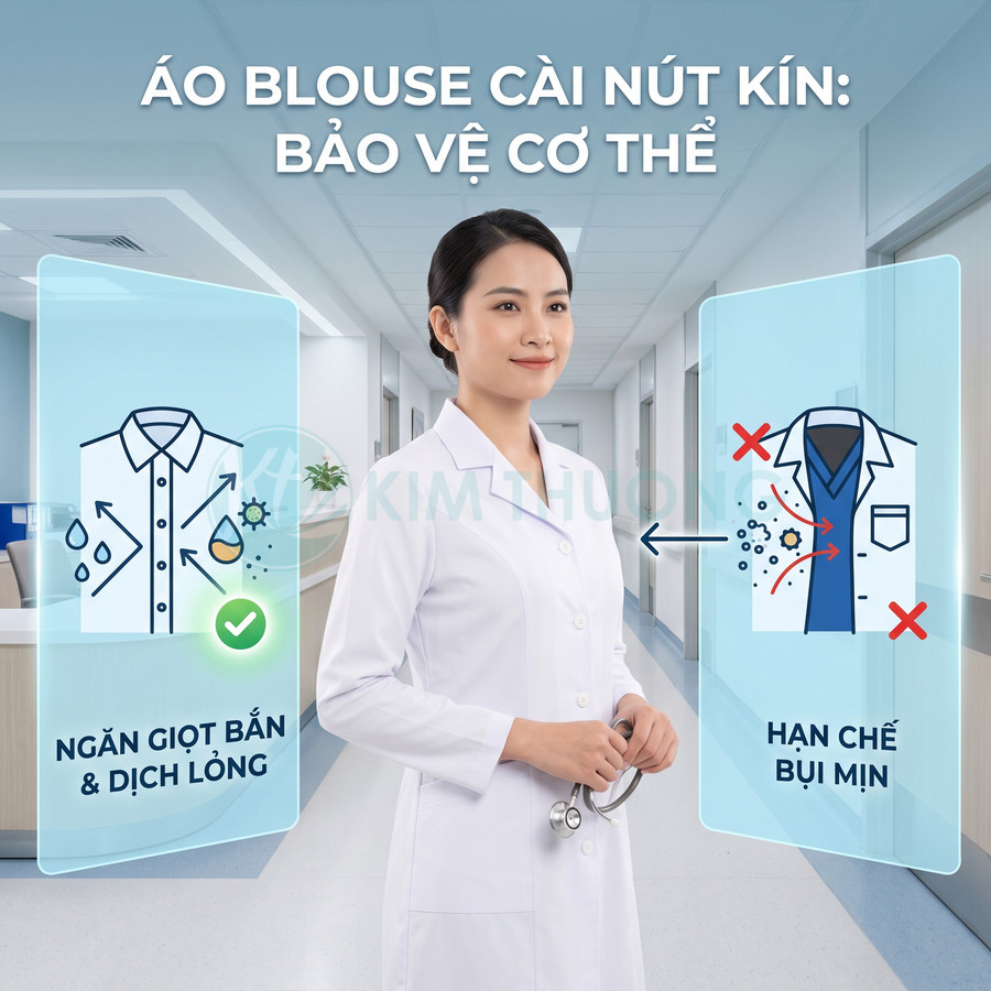 Áo blouse bác sĩ cài nút kín màu trắng giúp ngăn giọt bắn và hạn chế bụi mịn trong bệnh viện