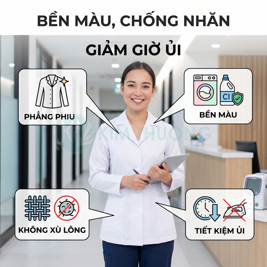 Áo blouse y tế trắng phẳng phiu bền màu không xù lông giúp tiết kiệm thời gian ủi cho nhân viên y tế