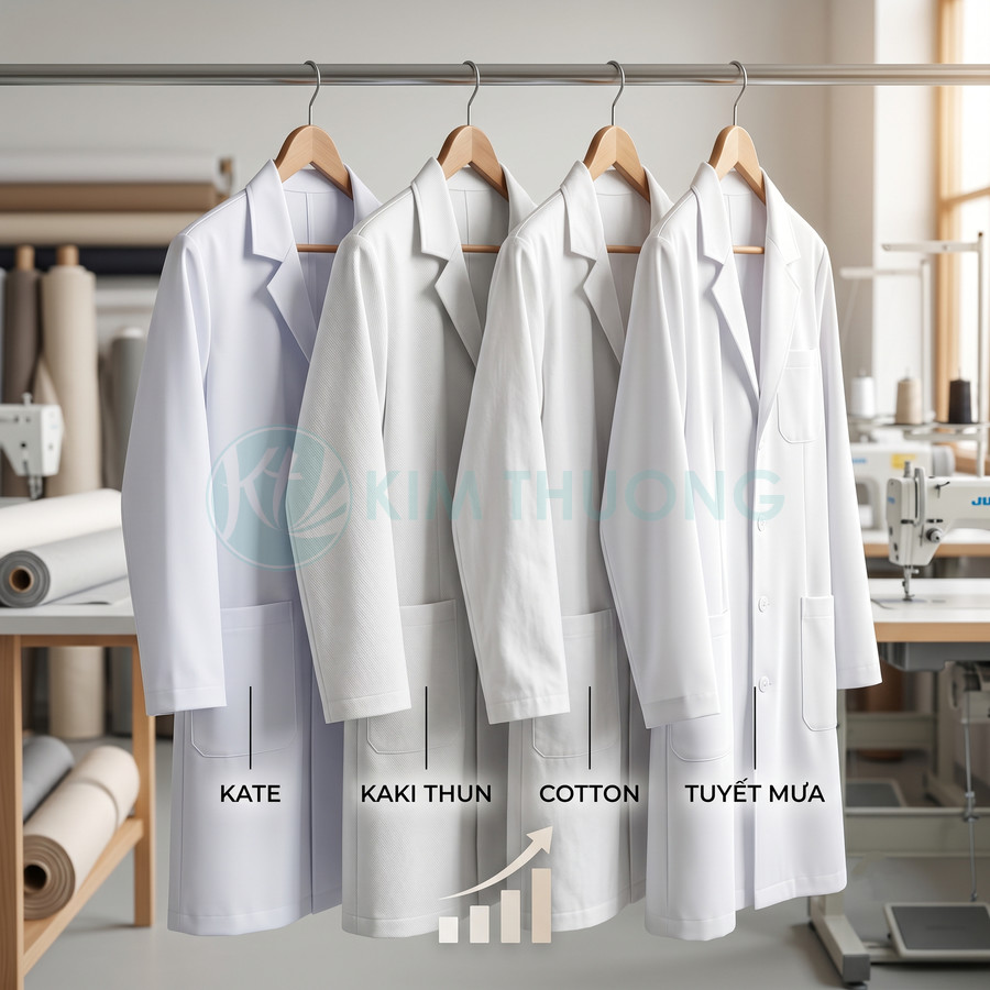 Bốn áo blouse trắng chất liệu kate, kaki thun, cotton, tuyết mưa treo trên móc trong xưởng may