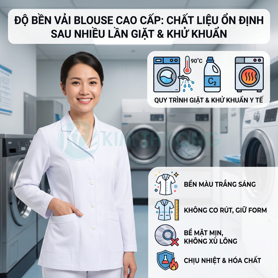 Áo blouse y tế trắng cao cấp cho nữ, chất liệu bền đẹp sau nhiều lần giặt khử khuẩn trong phòng giặt bệnh viện