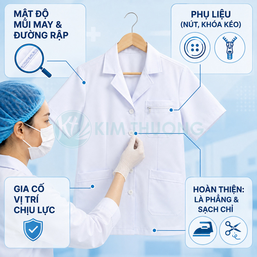 Áo blouse y tế trắng Kim Thương treo trên móc, nhân viên kiểm tra đường may và nút áo