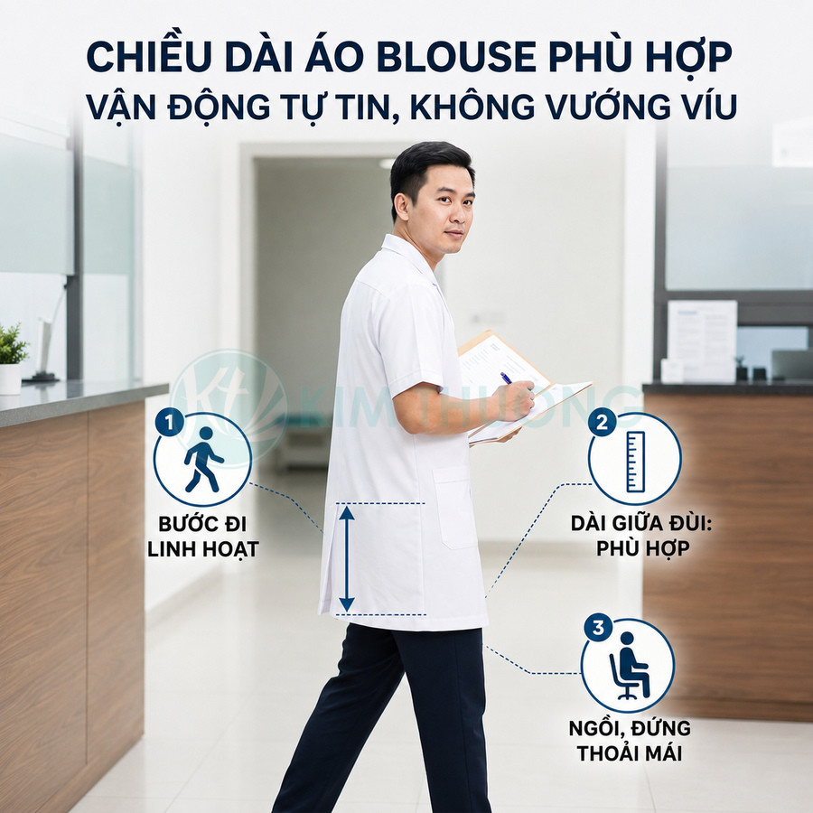 Bác sĩ nam mặc áo blouse trắng dài ngang giữa đùi, bước đi trong bệnh viện cầm hồ sơ bệnh án