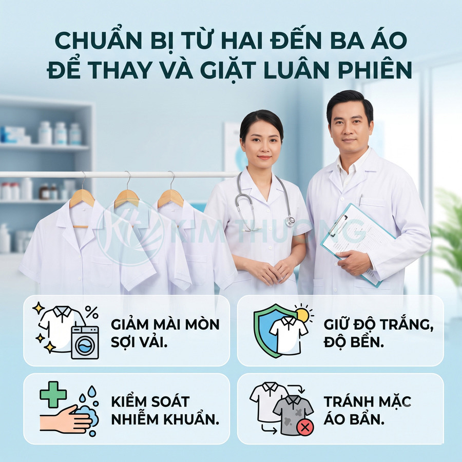 Hai bác sĩ mặc áo blouse trắng đứng cạnh giá treo nhiều áo blouse sạch trong phòng khám sáng sủa