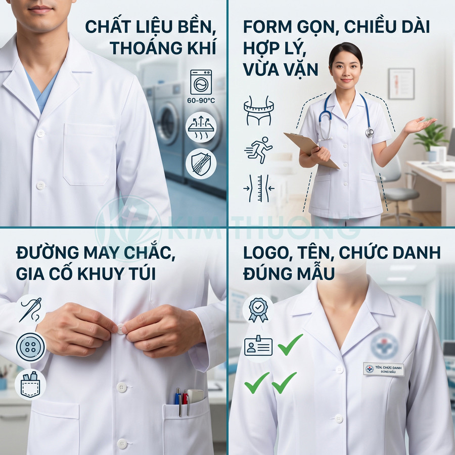 Đồng phục bác sĩ màu trắng chất liệu thoáng khí, form gọn, đường may chắc, có túi và bảng tên đúng chuẩn