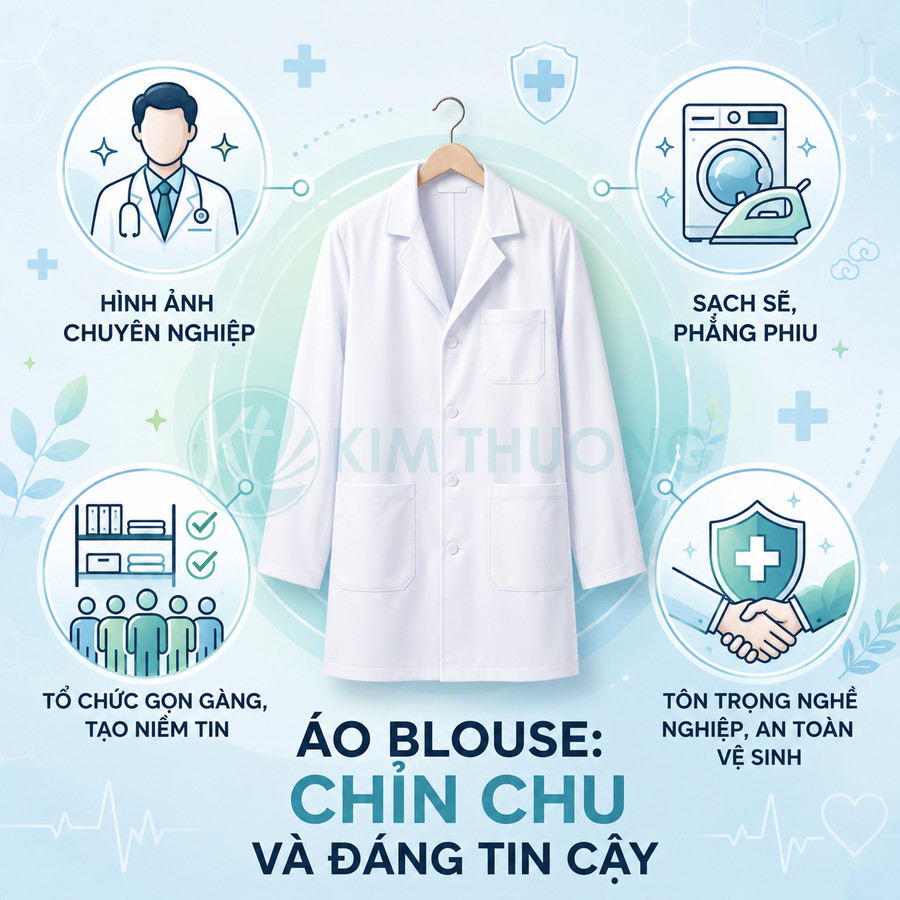 Áo blouse bác sĩ màu trắng treo trên móc, thiết kế đơn giản sạch sẽ, tạo hình ảnh chuyên nghiệp đáng tin cậy