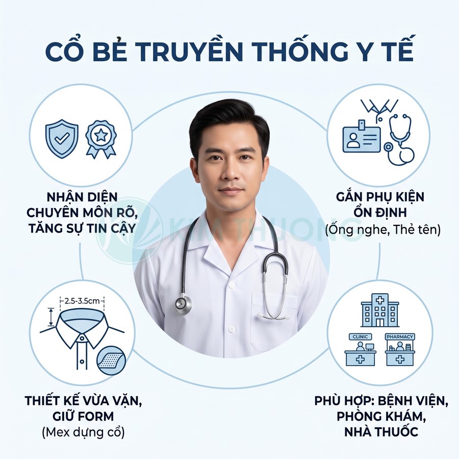 Áo blouse y tế cổ bẻ truyền thống cho bác sĩ, thiết kế giữ form, dễ gắn ống nghe và thẻ tên