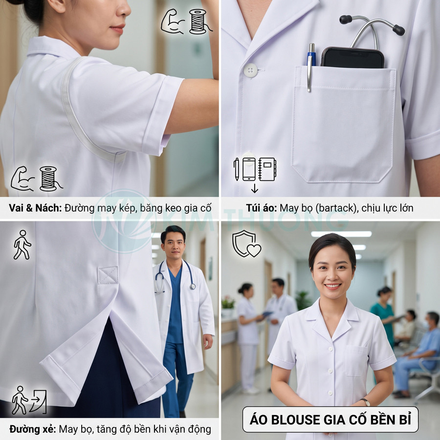 Áo blouse y tá trắng gia cố vai nách túi áo bền chắc, thiết kế xẻ tà tiện di chuyển trong bệnh viện