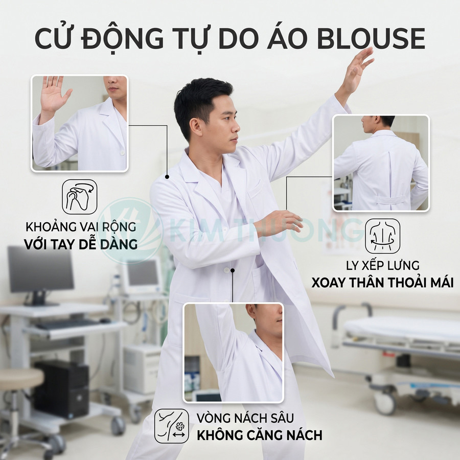 Áo blouse bác sĩ nam màu trắng thiết kế rộng vai, ly xếp lưng và vòng nách sâu giúp cử động thoải mái
