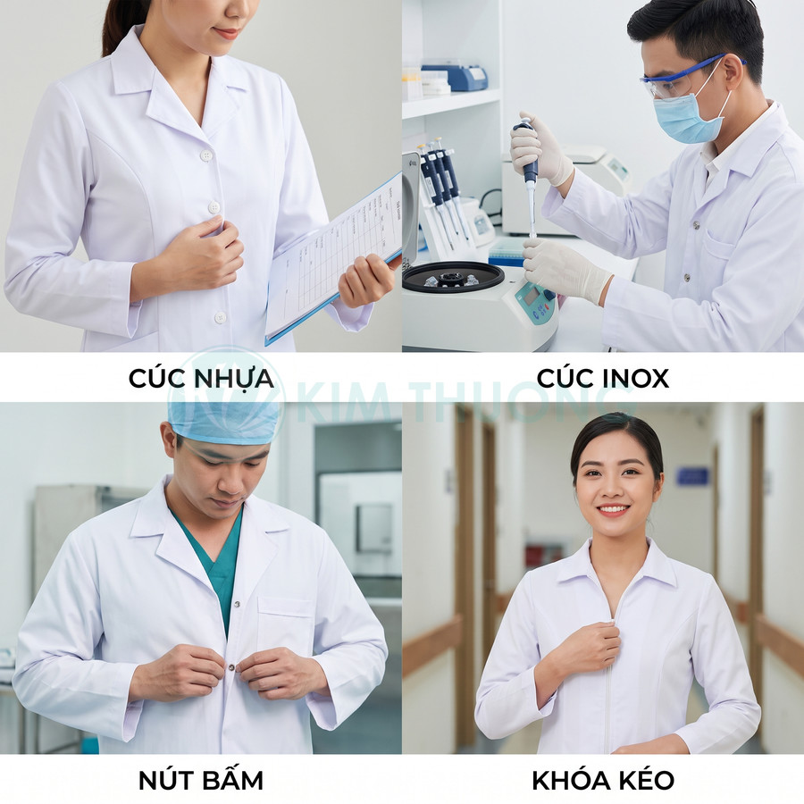 Áo blouse bác sĩ trắng với nhiều kiểu cài cúc nhựa, cúc inox, nút bấm và khóa kéo trong bệnh viện